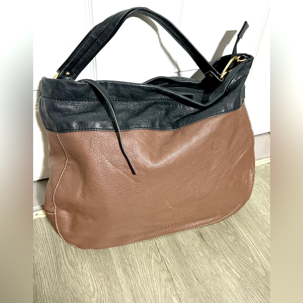 Two-Tone Black and Brown Leather Tote Bag